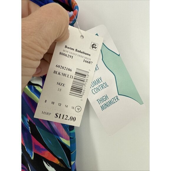 Swim Solutions Women's Size 18 Tropical Print Tummy Control Bow Front Swimdress - Picture 5 of 11
